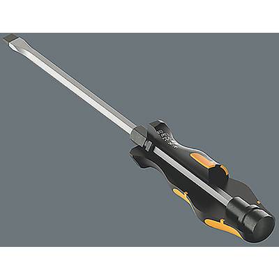 Ein Schlitzschraubendreher mit einem ergonomischen Griff in Schwarz und Orange, der diagonal auf einem grauen Hintergrund liegt.