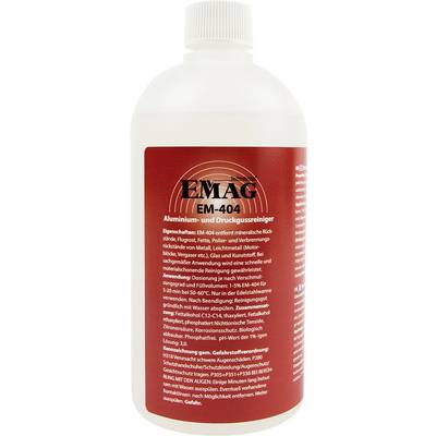 Weiße Flasche von EMAG EM-404 Aluminium- und Schmutzreiniger mit rotem Etikett und Sicherheitsanweisungen in Deutsch.