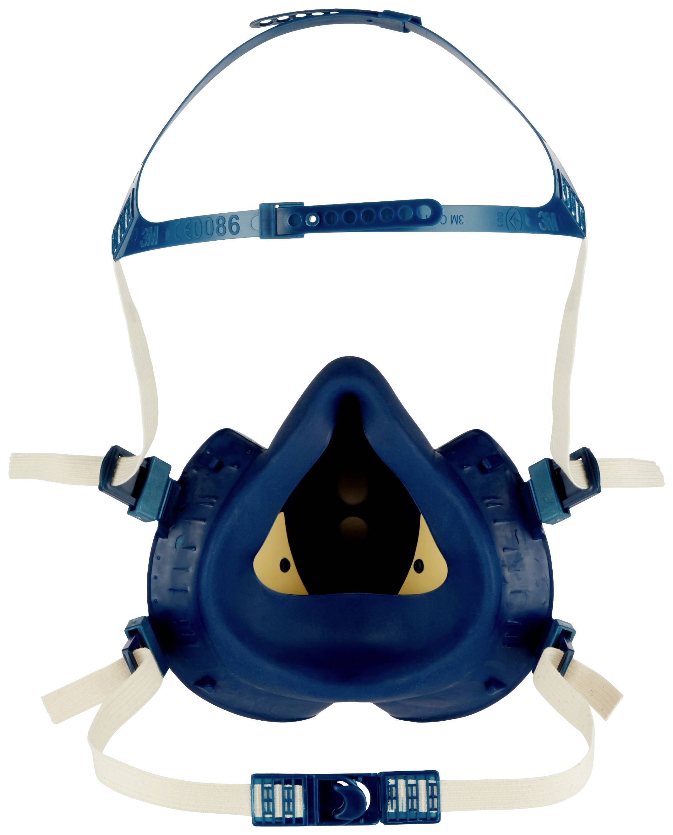 Eine blaue Atemschutzmaske mit gelbem Innenstück und verstellbaren weißen Riemen, bereit zur Anwendung im Arbeitsschutz.