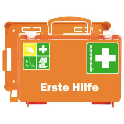 Oranger Erste-Hilfe-Kasten mit weißen Kreuz- und Erste-Hilfe-Symbolen. Enthält Symbole für Schutzhandschuhe, Schere, Pflaster.
