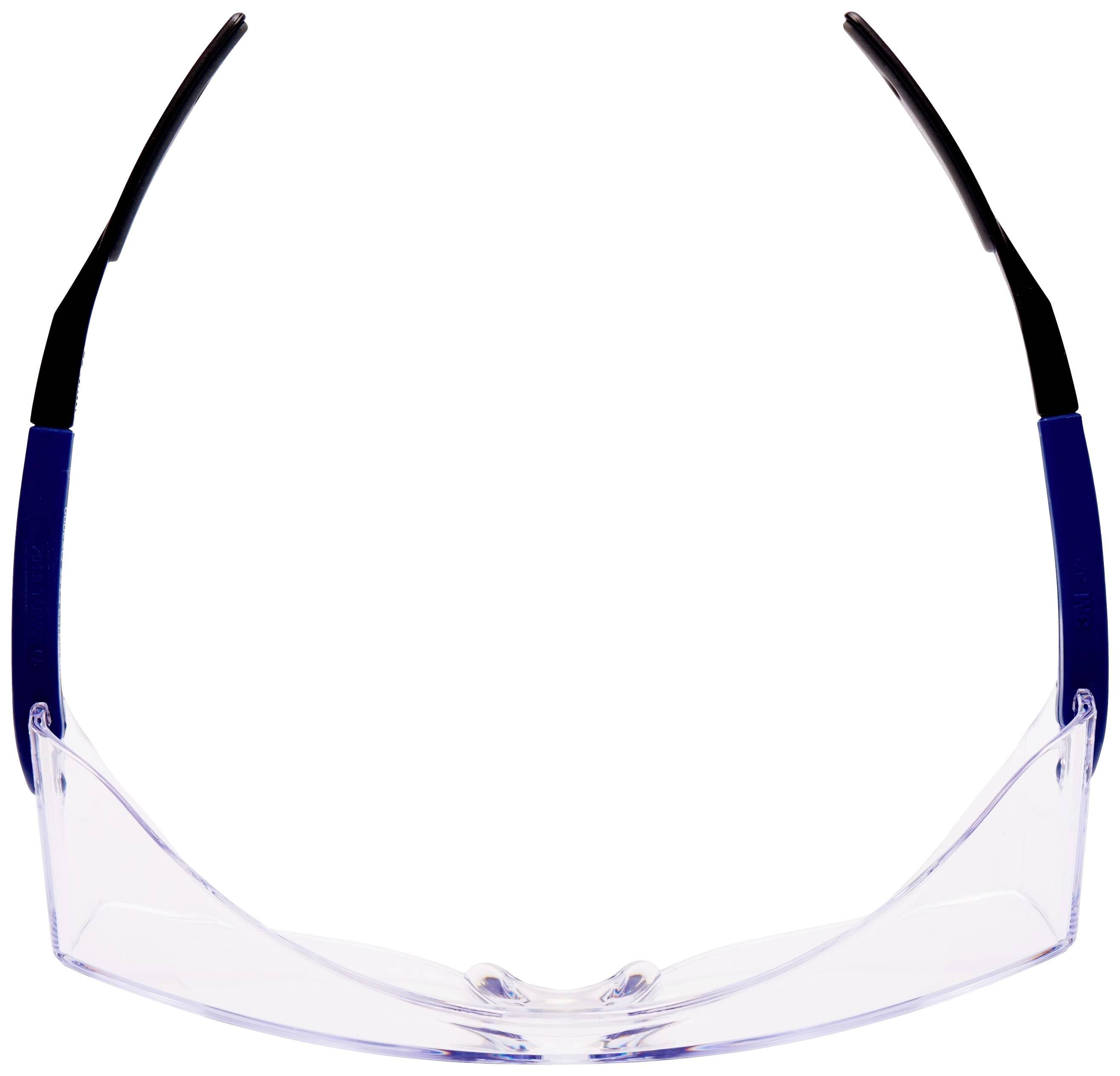 Schutzbrille mit transparenten Gläsern und schwarzen Bügeln, typischerweise getragen als Schutzmaßnahme in Industrien oder Labors.