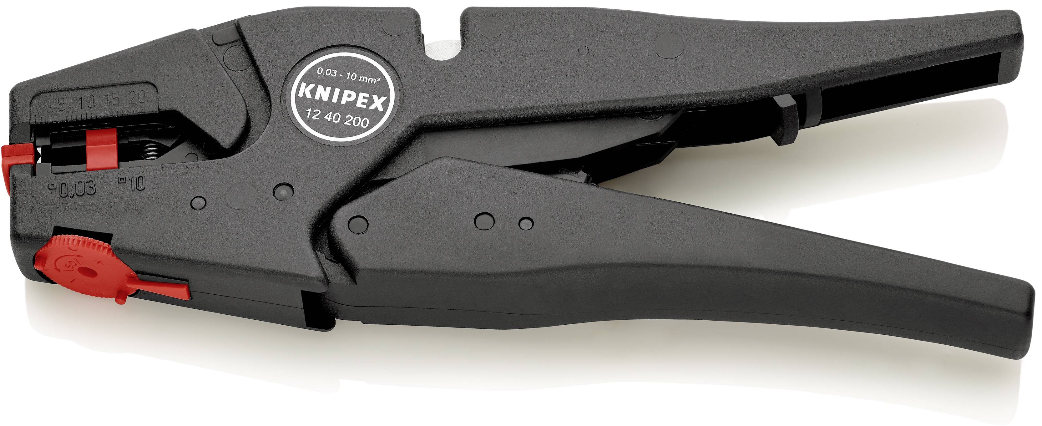 Eine schwarze KNIPEX-Abisolierzange. Sie hat rote Einstellräder und wird zum Abisolieren von Kabeln verwendet. Aufschrift: '0,03 - 10 mm²'.