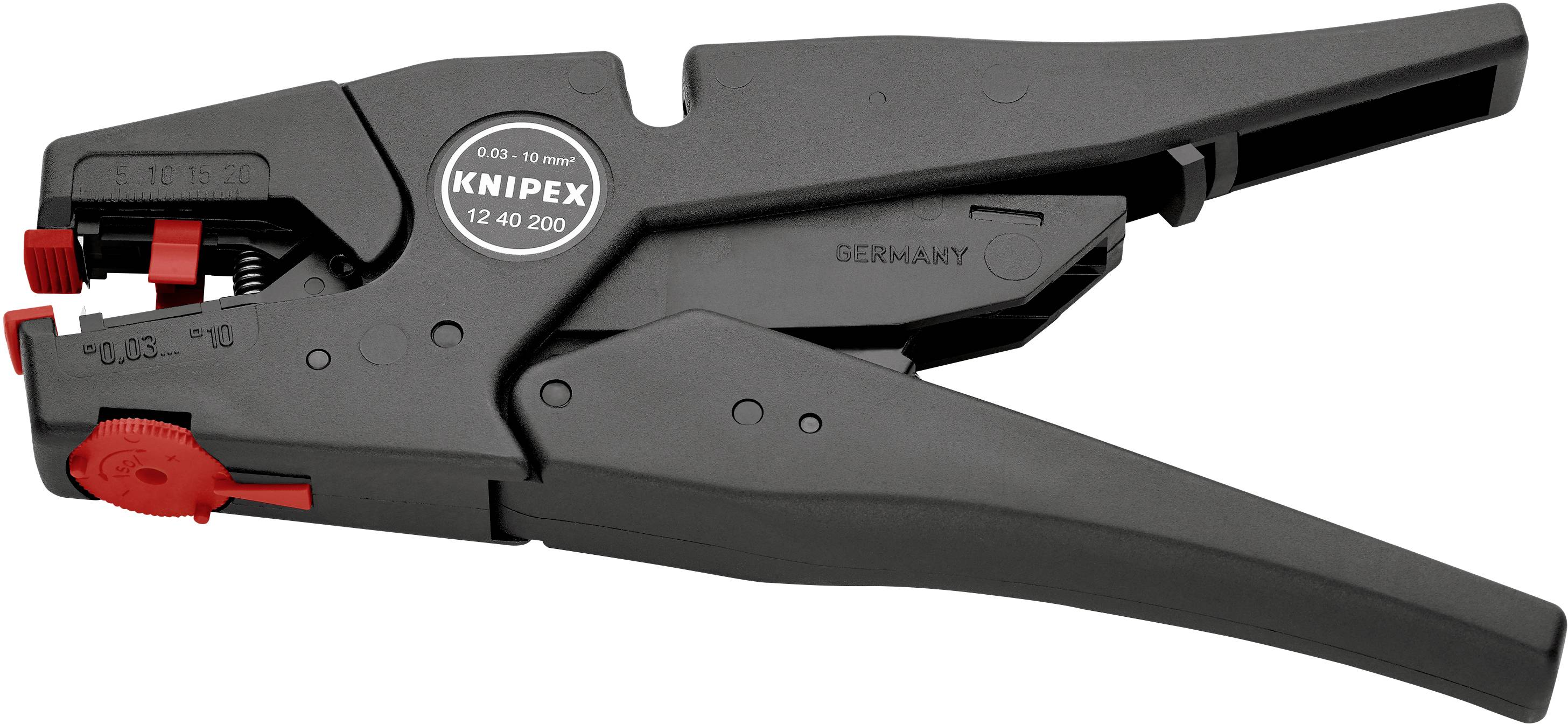 Abisolierzange der Marke KNIPEX, in Schwarz und Rot, verwendet zum präzisen Entfernen der Isolierung von Kabeln.
