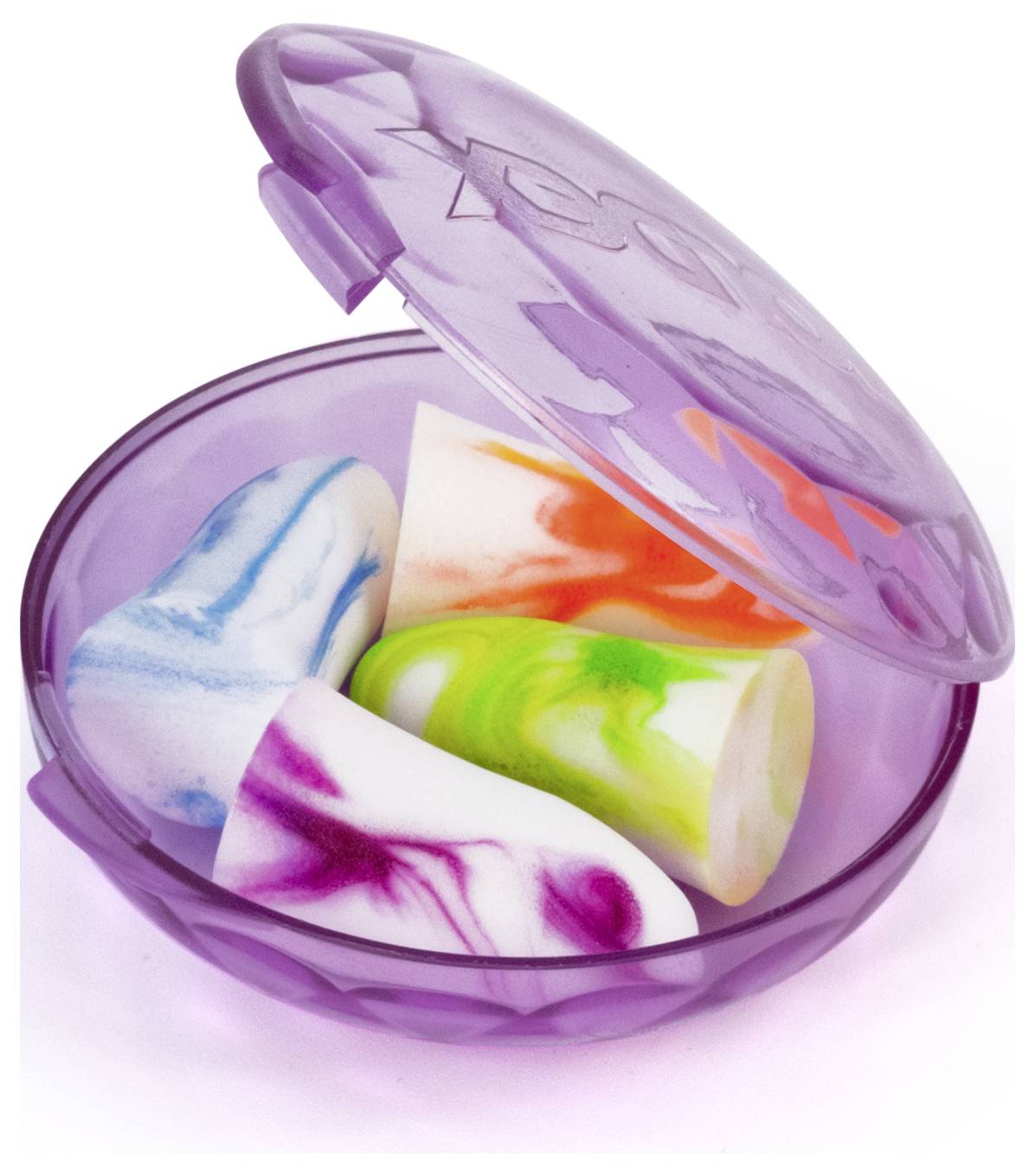 'Vier farbenfrohe Ohrstöpsel in einem violetten Behälter mit transparentem Deckel.'