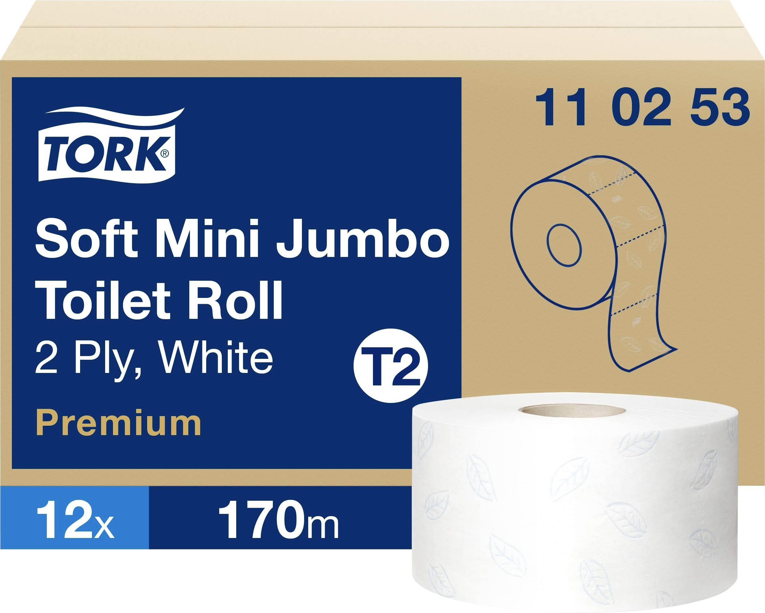 Tork Soft Mini Jumbo Toilettenpapier-Paket, 2-lagiges weißes Premium-Gewebe, 12 Rollen, je 170 m, Produktcode 11 02 53.