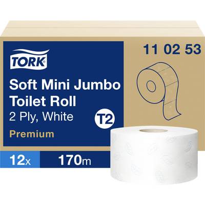 Tork Soft Mini Jumbo Toilettenpapier-Paket, 2-lagiges weißes Premium-Gewebe, 12 Rollen, je 170 m, Produktcode 11 02 53.