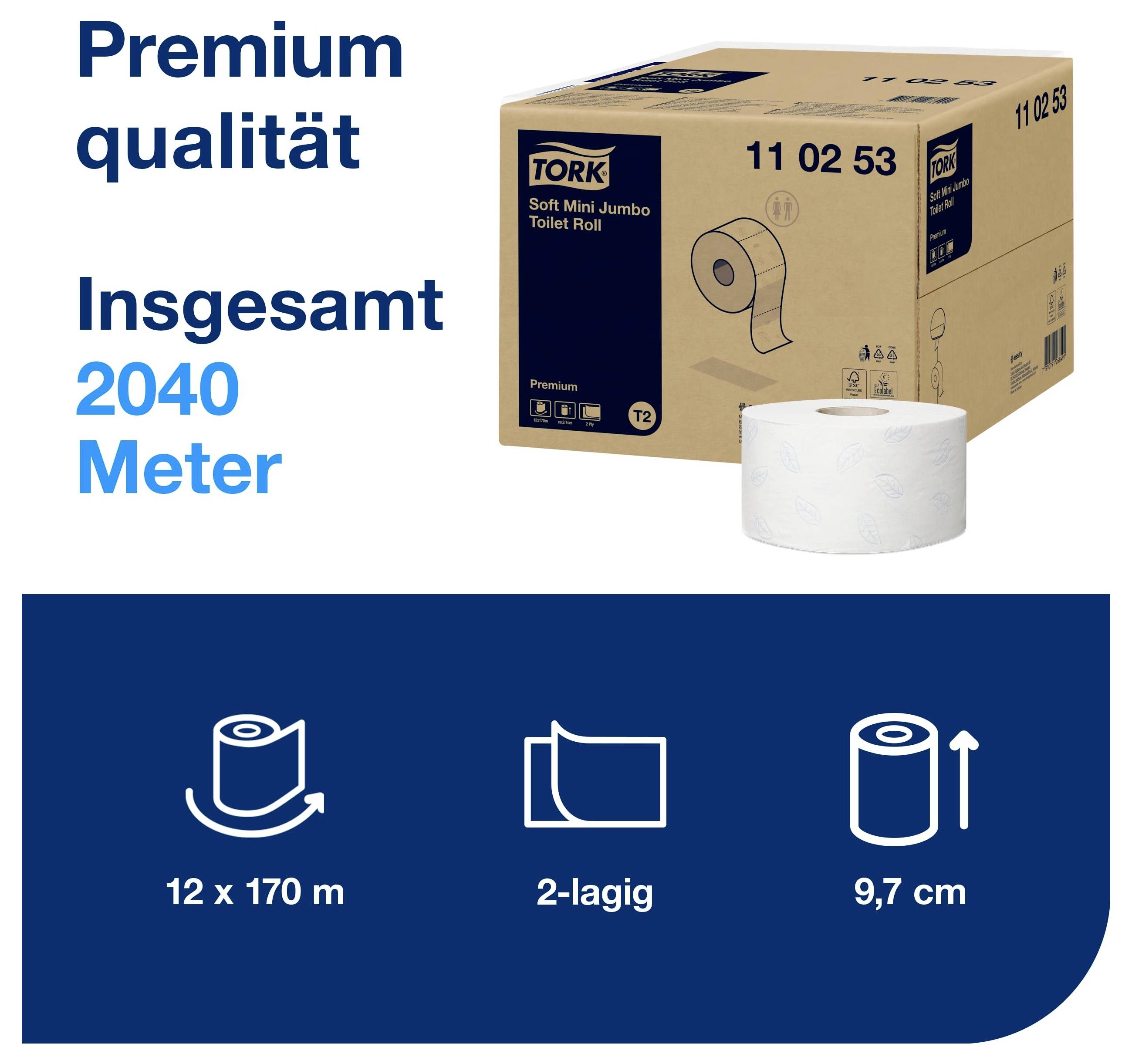 Tork Soft Mini Jumbo Toilettenpapier: Premiumqualität, insgesamt 2040 Meter; 12 Rollen à 170 m, 2-lagig, 9,7 cm breit.