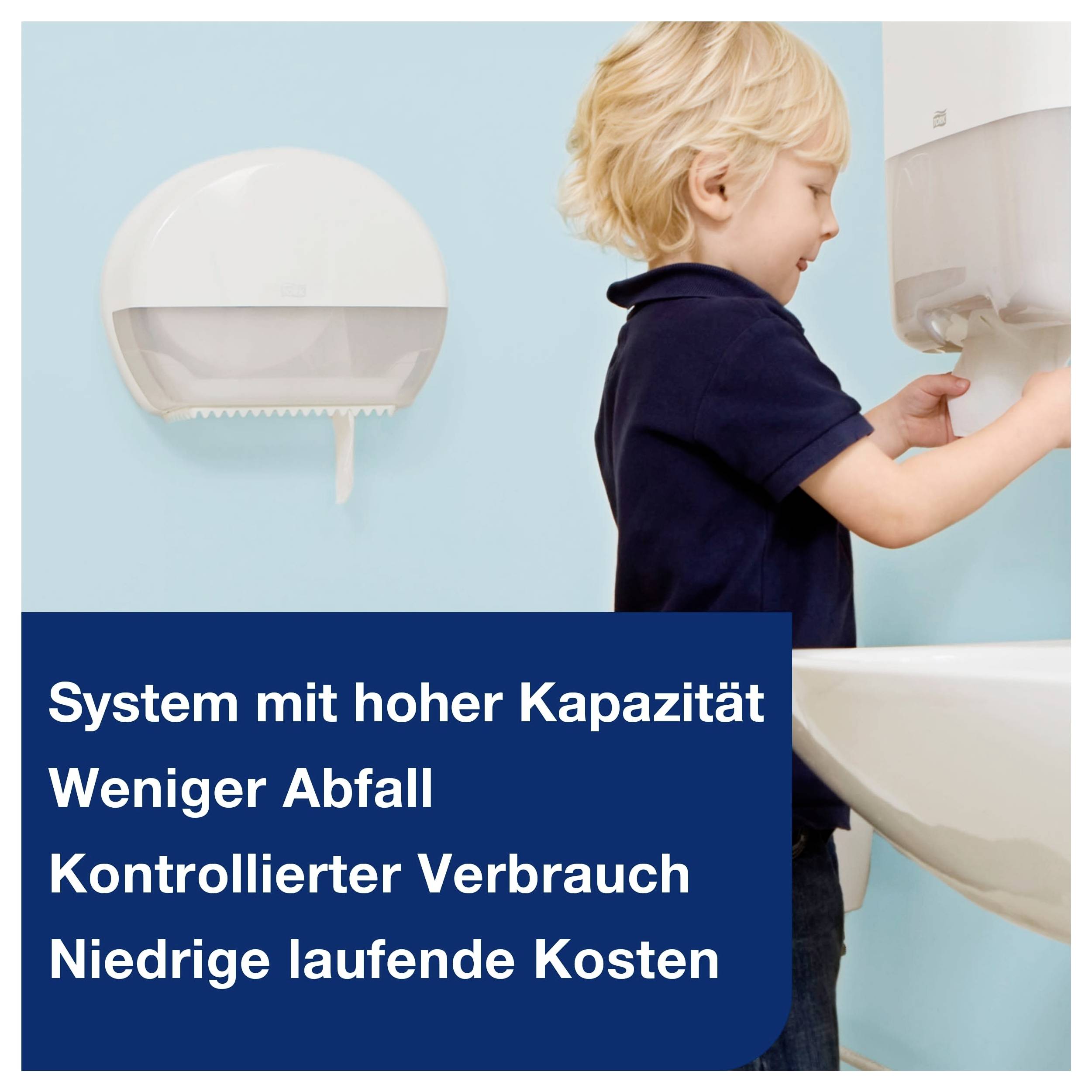 Kleines Kind wäscht an einem Spender; links steht: 'System mit hoher Kapazität', 'Weniger Abfall', 'Kontrollierter Verbrauch', 'Niedrige laufende Kosten'.