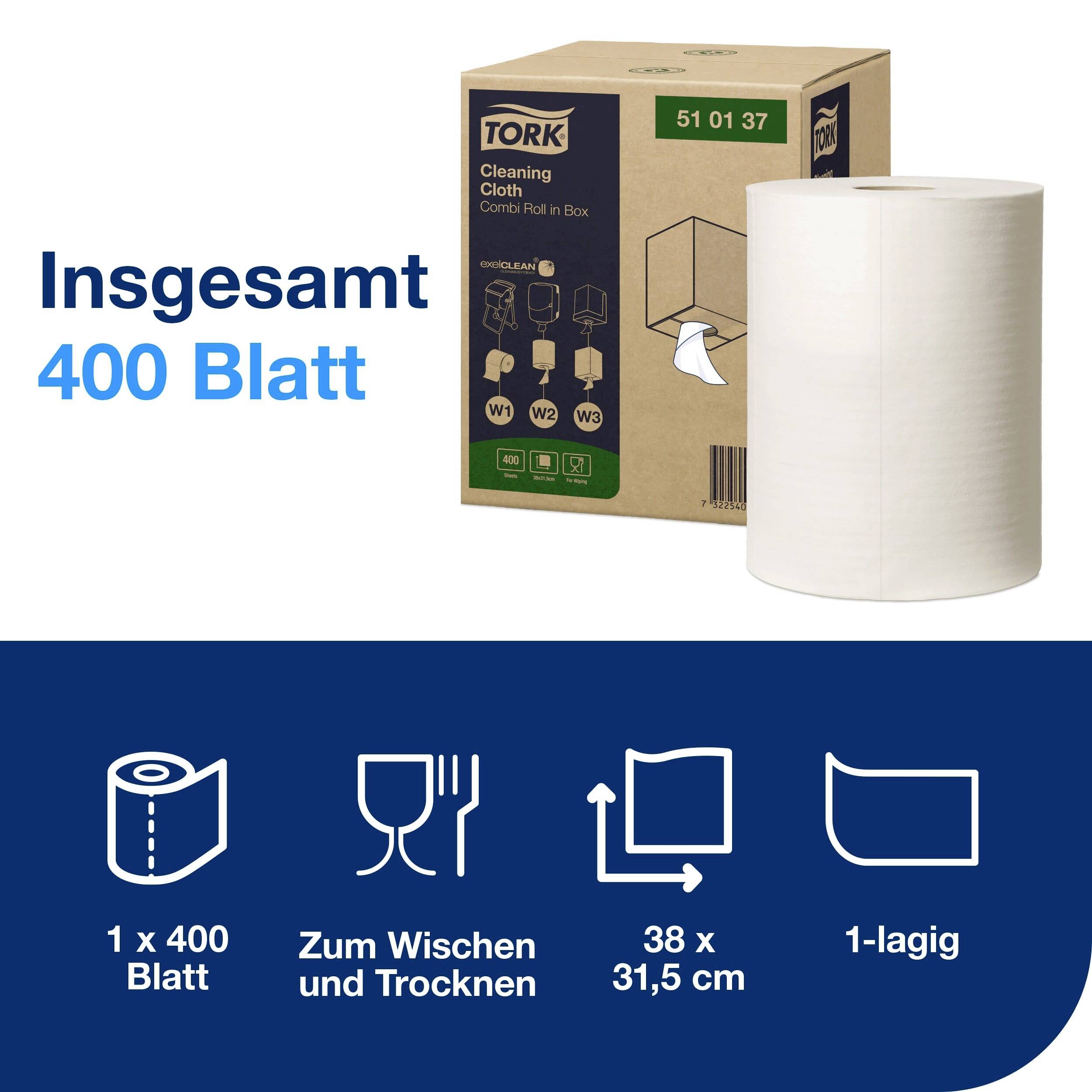 'Tork Reinigungstücher: 1 Box mit 400 Blättern, 38 x 31,5 cm, 1-lagig. Geeignet zum Wischen und Trocknen.'