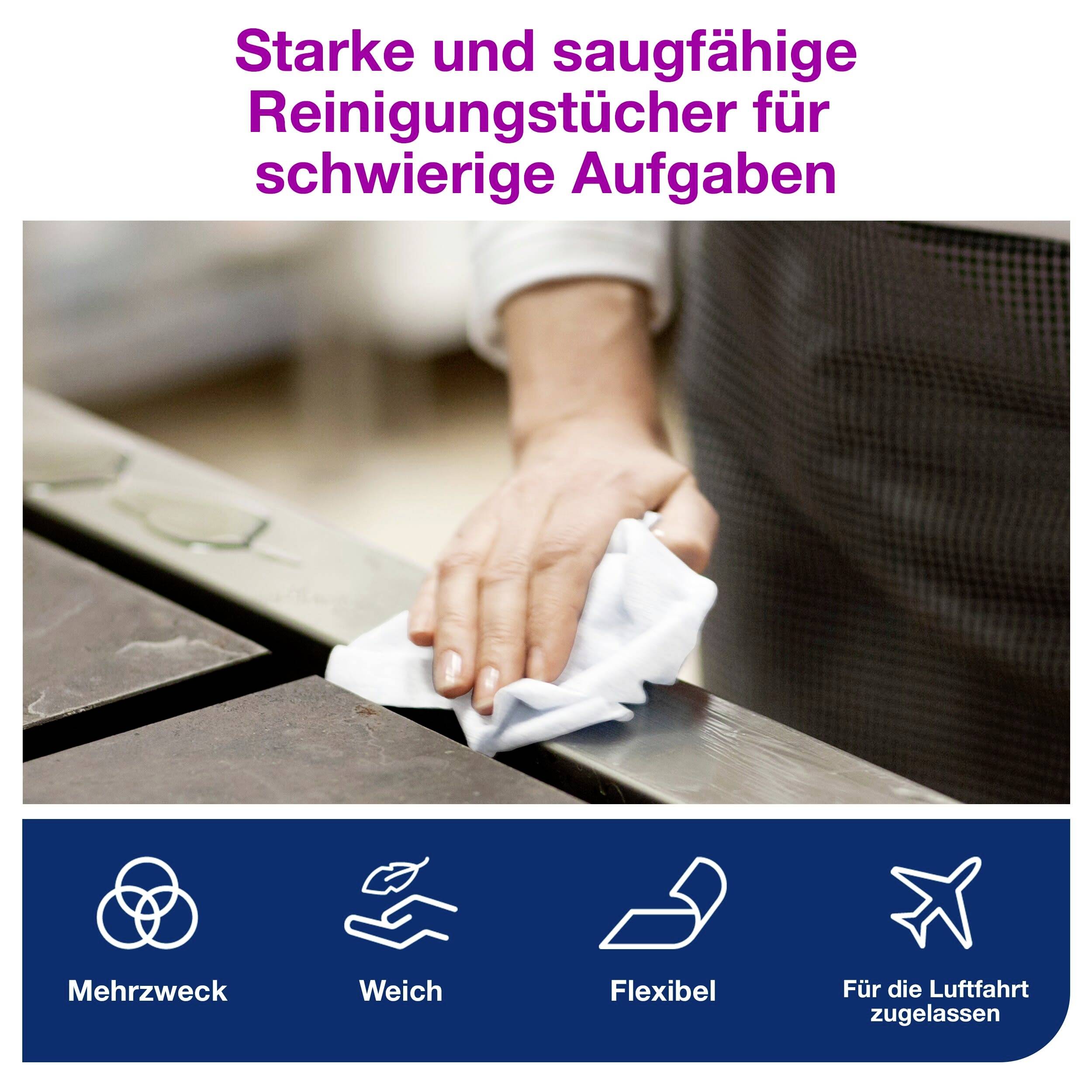 Person wischt Tisch mit einem feuchten Tuch. Text: 'Starke und saugfähige Reinigungstücher für schwierige Aufgaben'. Symbole: Mehrzweck, Weich, Flexibel, Für die Luftfahrt zugelassen.