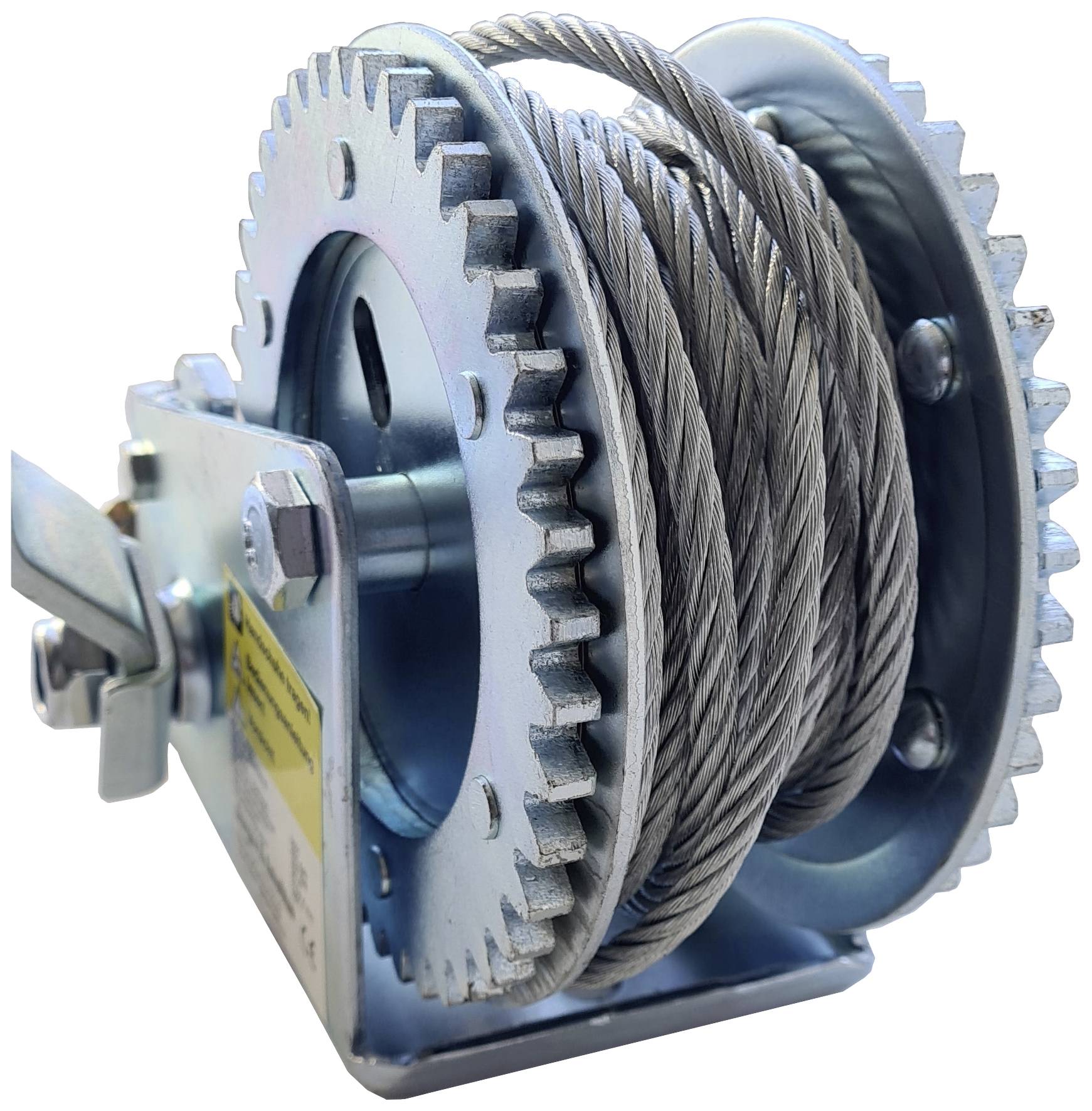 Seilwinde mit Metallgetriebe und Drahtseil, verwendet zur Lastenhebung oder -absenkung, robust und mechanisch bedienbar.