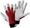 Zwei Arbeitshandschuhe mit roten Handrücken und weißen Handflächen auf schwarzem Bündchen, zeigen Vorder- und Rückseite.