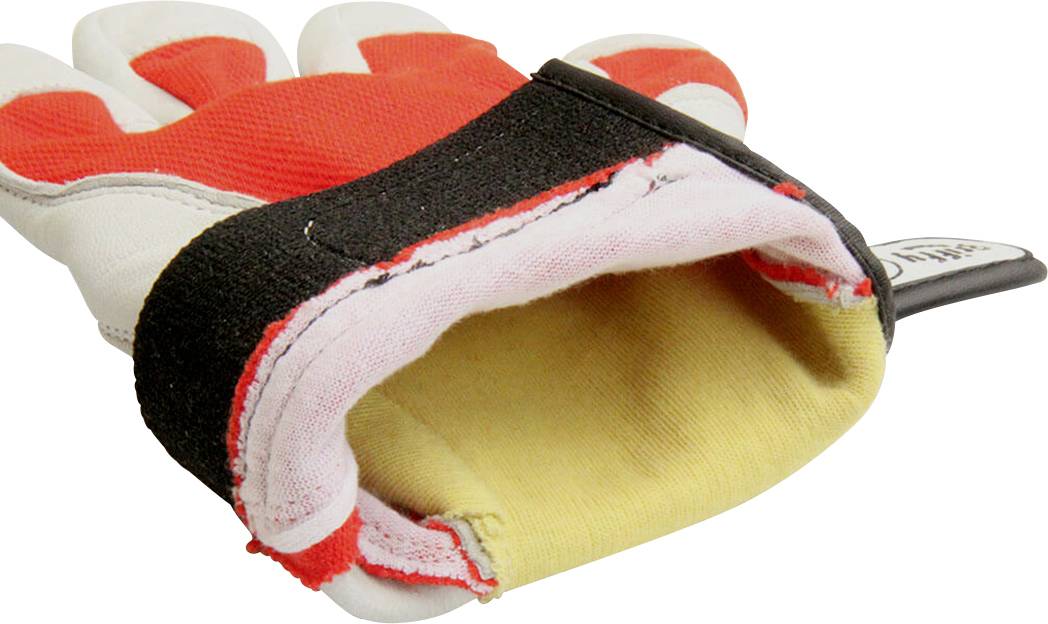 Ein rot-weiß-schwarzer Handschuh mit gelbem Innenfutter, geöffnet, zeigt die Innenseite. Geeignet für Garten- oder Handwerksarbeiten.