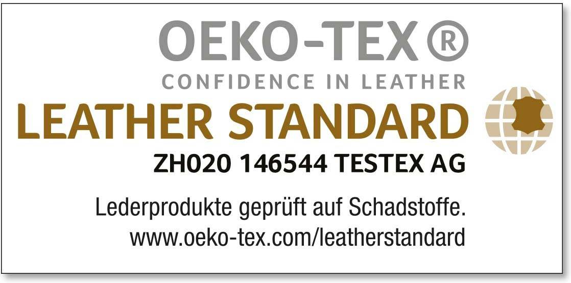 'OEKO-TEX LEATHER STANDARD' Siegel mit Prüfnummer ZH020 146544 von TESTEX AG. Untersucht auf Schadstoffe. Website: www.oeko-tex.com/leatherstandard.