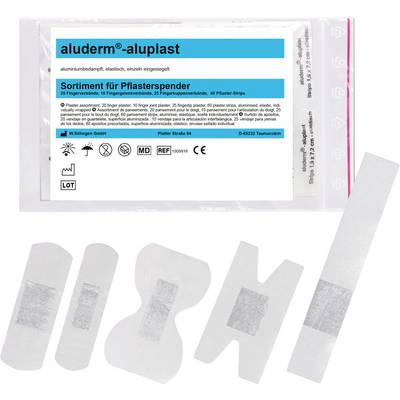 'Verpackung des aluderm-alupast Sortiments mit verschiedenen Pflastern. Informationen zur Größe, Anzahl und Hersteller sind angegeben.'