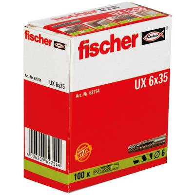 Schachtel Fischer UX 6x35 Dübel, gekennzeichnet mit 100x, mit Barcode und Produktdetails auf einer rot-weißen Verpackung.