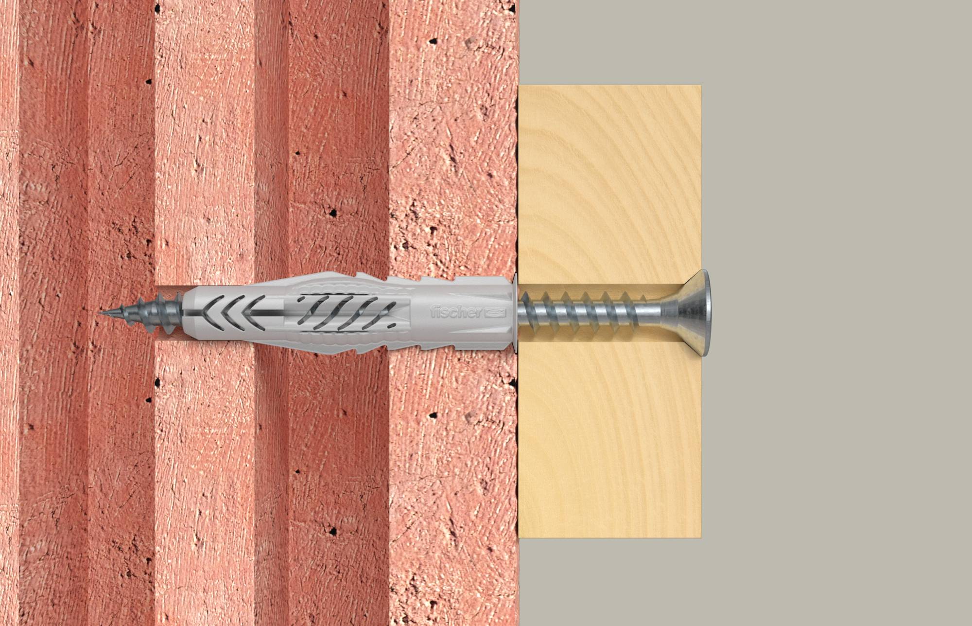Illustration einer Wandsteckdose und einer Schraube, die durch Gipskarton in einen Holzständer verankert ist und zeigt die ordnungsgemäße Befestigung für schwere Montagen.