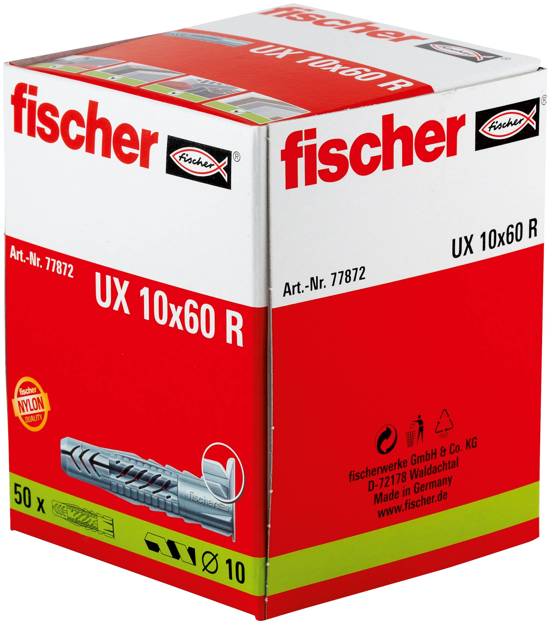 Karton mit fischer UX 10x60 R Kunststoff-Dübel, gekennzeichnet mit „50 x" und Art.-Nr. 77872.