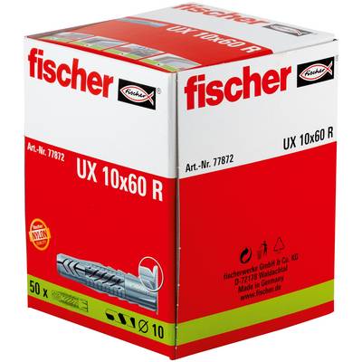 Karton mit fischer UX 10x60 R Kunststoff-Dübel, gekennzeichnet mit „50 x" und Art.-Nr. 77872.