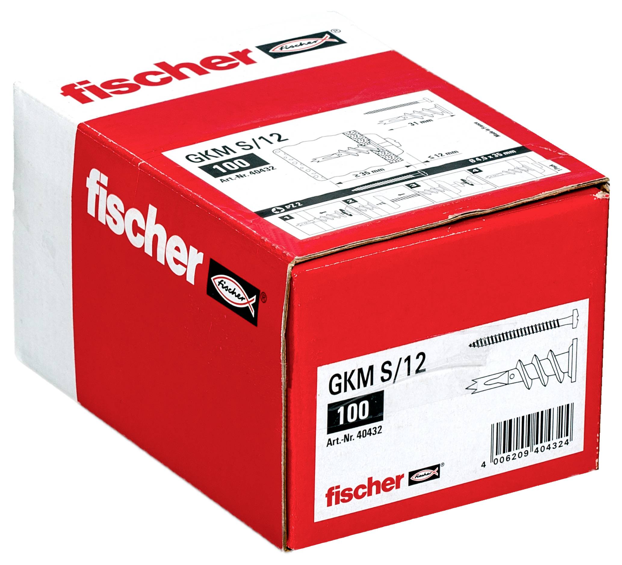 Rote Fischer-Schachtel mit Fischer GKM S/12 Wanddübeln, gekennzeichnet mit „100" und zeigt Produktdiagramme und Barcode.