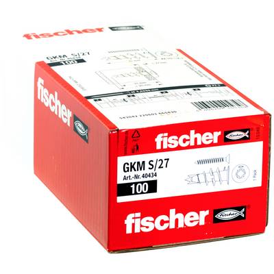 Verpackungsbox von Red Fischer mit der Bezeichnung „fischer" und „GKM S/27", die ein Schraubanker-Produkt mit der Menge 100 zeigt.