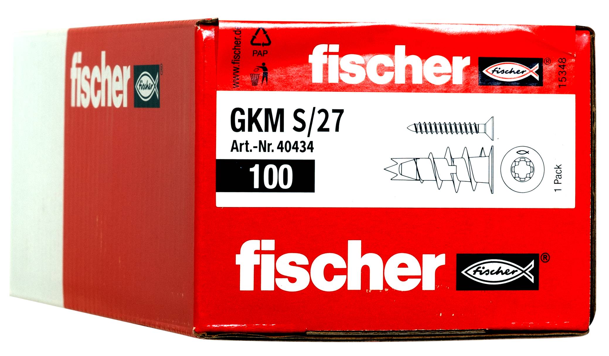 Rote Fischer-Schachtel mit GKM S/27-Schrauben, beschriftet mit „100" und „Art.-Nr. 40434", mit abgebildeten Schrauendübeln auf der Vorderseite.