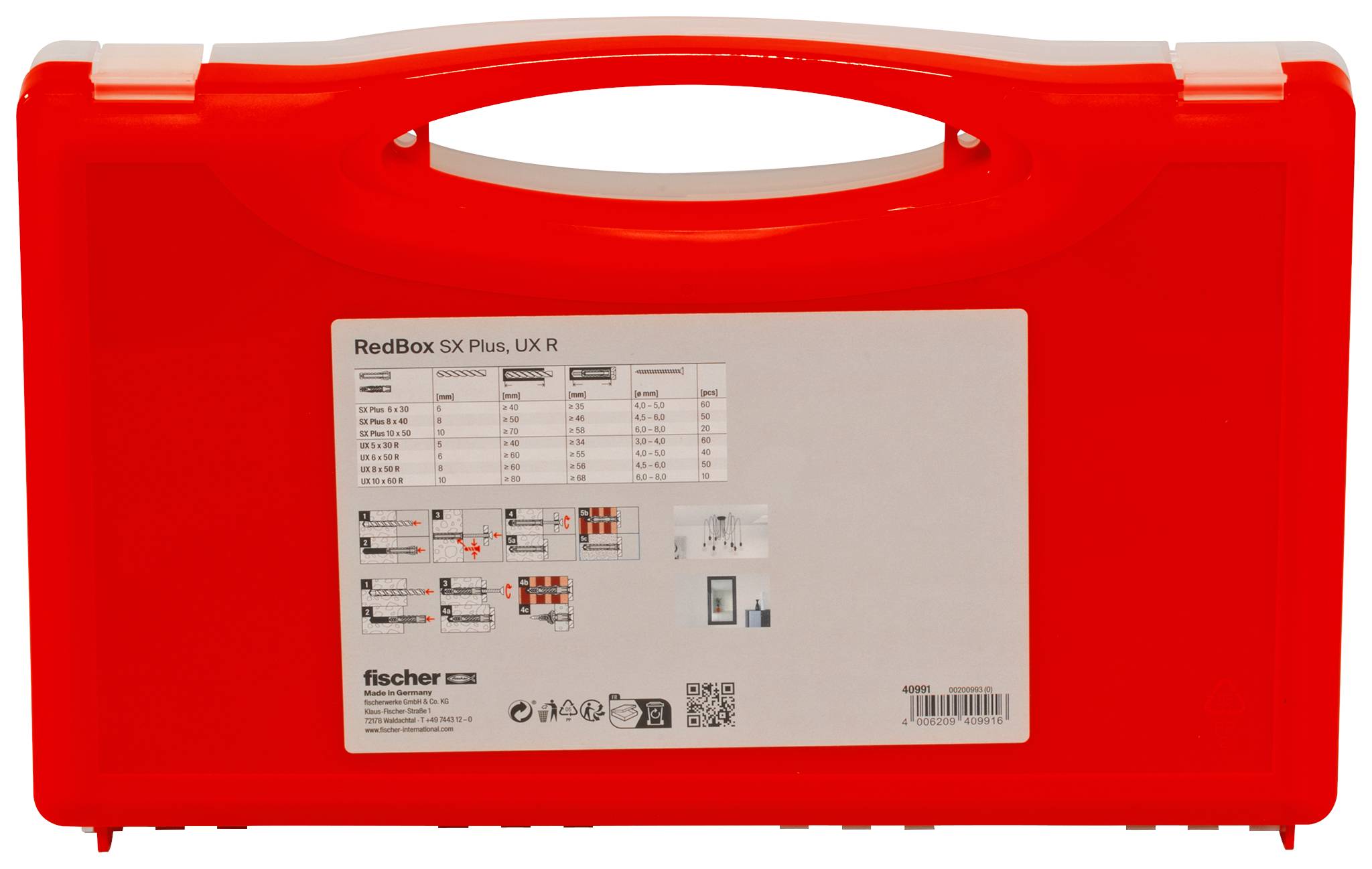 Rote Kunststoff-Transportkiste mit Griff und Etikett für „RedBox SX Plus, UX R" von fischer.
