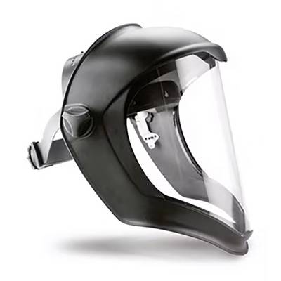 Schwarze Atemschutzmaske mit durchsichtigem Visier und verstellbarem Kopfband, verwendet für Schutz vor Schadstoffen in der Luft.