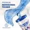 Behälter mit blauen Reinigungstüchern, auf denen 'PREMIUM REINIGUNGS-TÜCHER' steht. Ein Tuch ragt heraus. Links ein Symbol für Kosmetikprodukte.