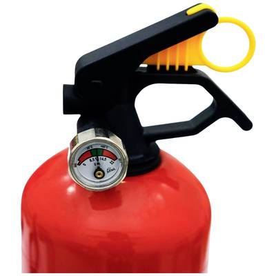 Roter Feuerlöscher mit Druckanzeige, zeigt 8 Bar an. Schwarzer Griff mit gelbem Sicherheitsring.