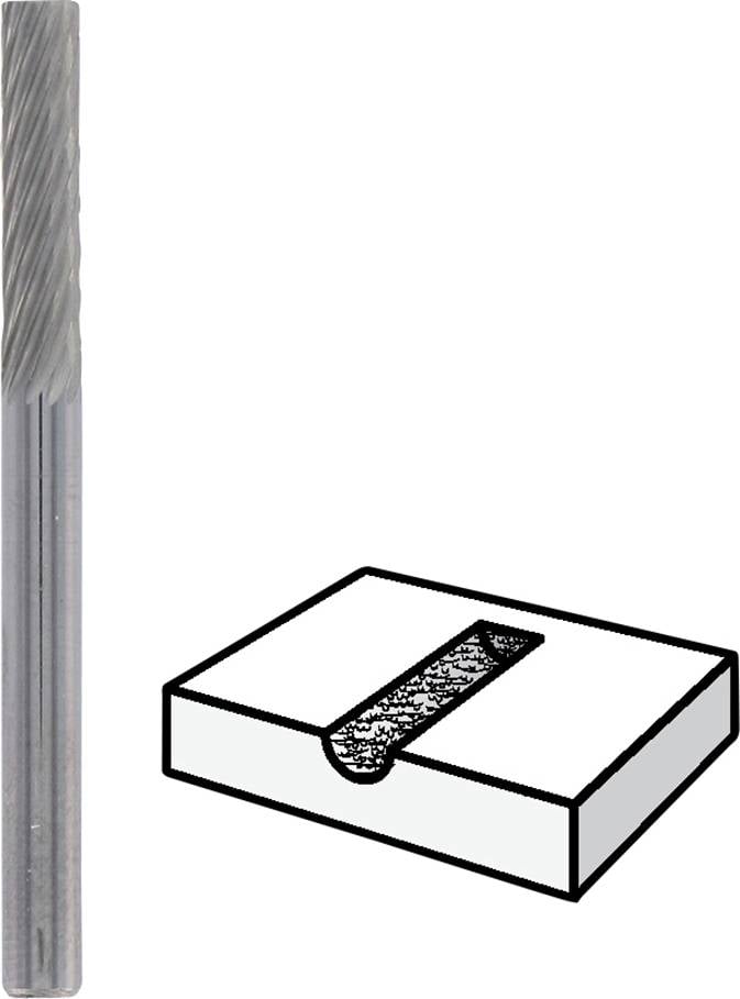 Ein Fräser und eine schematische Darstellung einer gefrästen Nut in einem Materialblock.