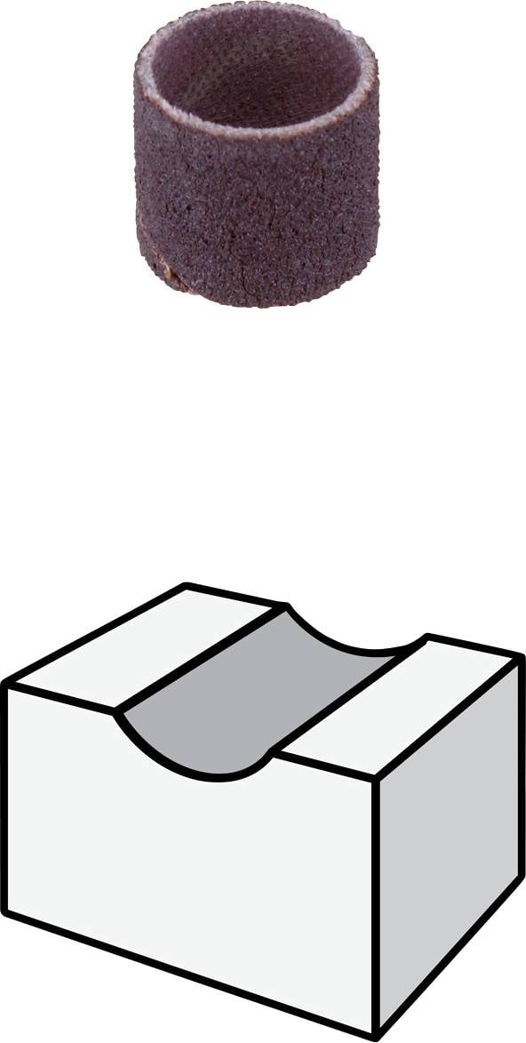 Ein runder Schleifaufsatz über einem rechteckigen Sockel mit einer geschwungenen Einkerbung.