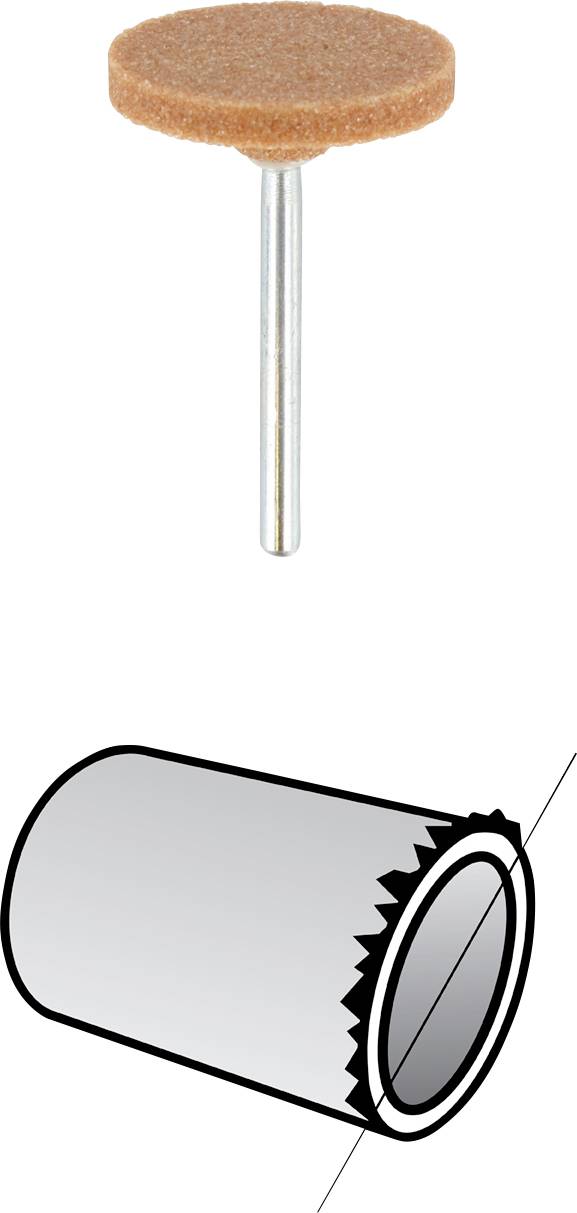 Schleifwerkzeug mit rundem Schleifkopf und Metallstift; symbolische Darstellung eines Rohres mit gezacktem Rand.