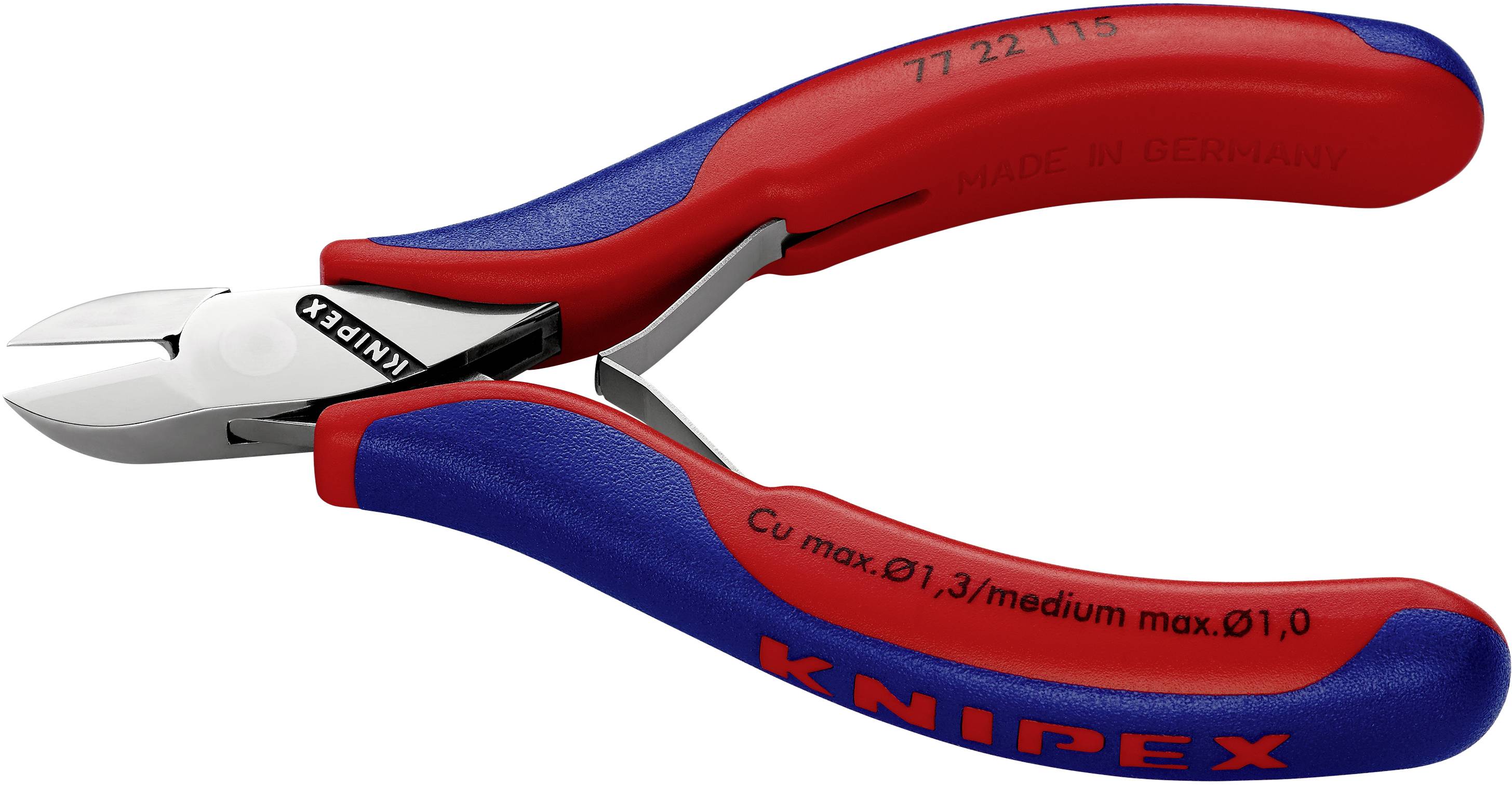 Zange in Rot-Blau-Design, Marke Knipex. Geeignet zum Schneiden von Drähten mit maximalen Durchmessern von 1,3 mm und 1,0 mm.
