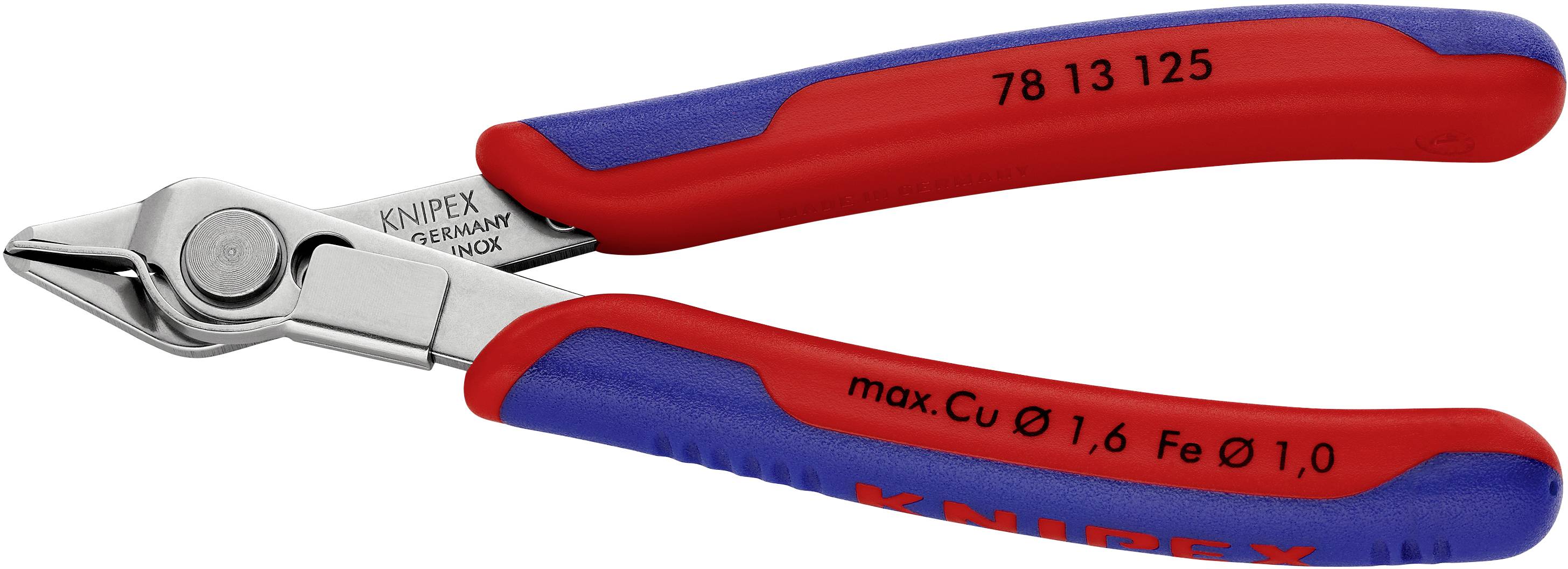 Rote und blaue Präzisionszange von Knipex mit der Aufschrift '78 13 125', geeignet für Kupfer- und Eisendrähte kleiner Größen.