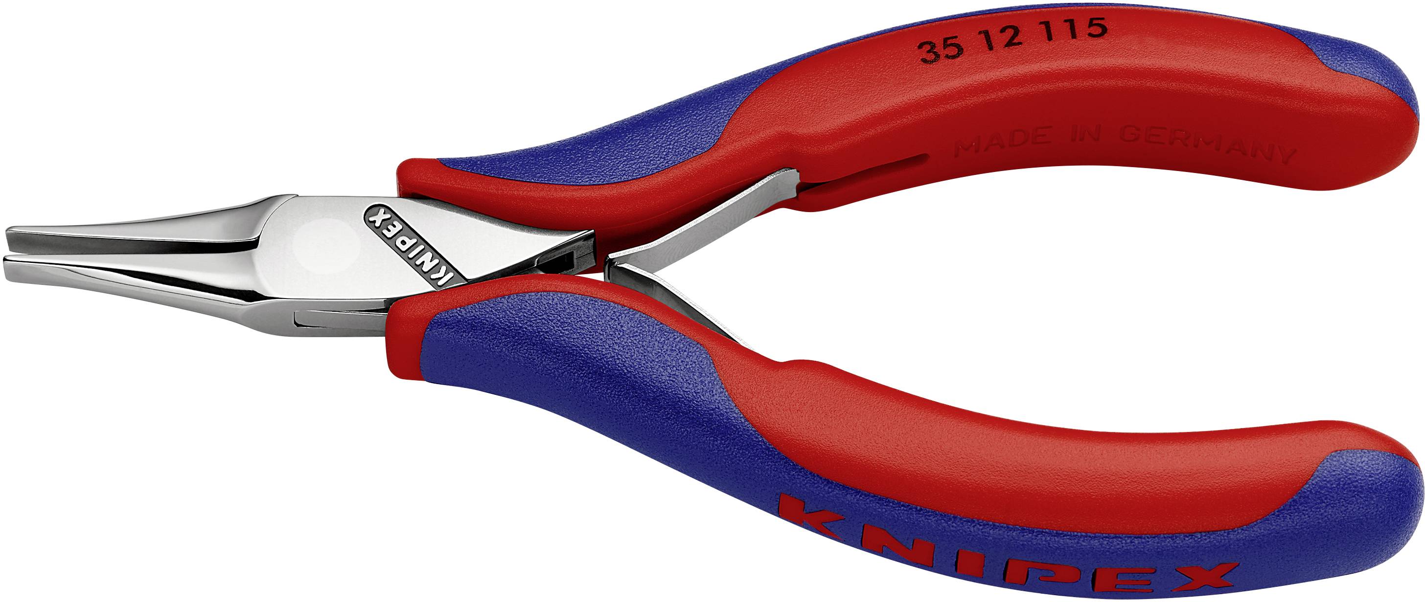 Rotes und blaues Knipex-Werkzeug mit gebogenem Griff und spitzen Backen, geeignet zum Greifen und Biegen von Drähten oder kleinen Objekten.