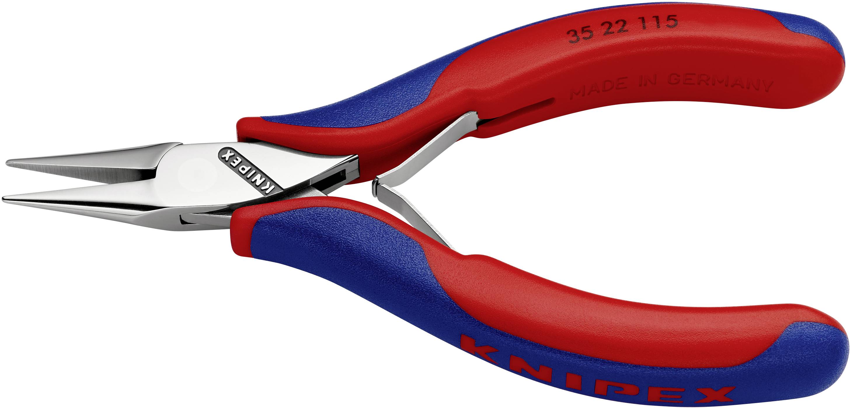 Rote und blaue Präzisionszange, mit schmalen Greifbacken für feine Arbeiten. Markenname 'KNIPEX' auf dem Griff.