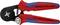 Eine rote und blaue Knipex-Kabelschneidezange mit schwarzem Schneidekopf, geeignet für Kabel von 0,08-16 mm², hergestellt in Deutschland.