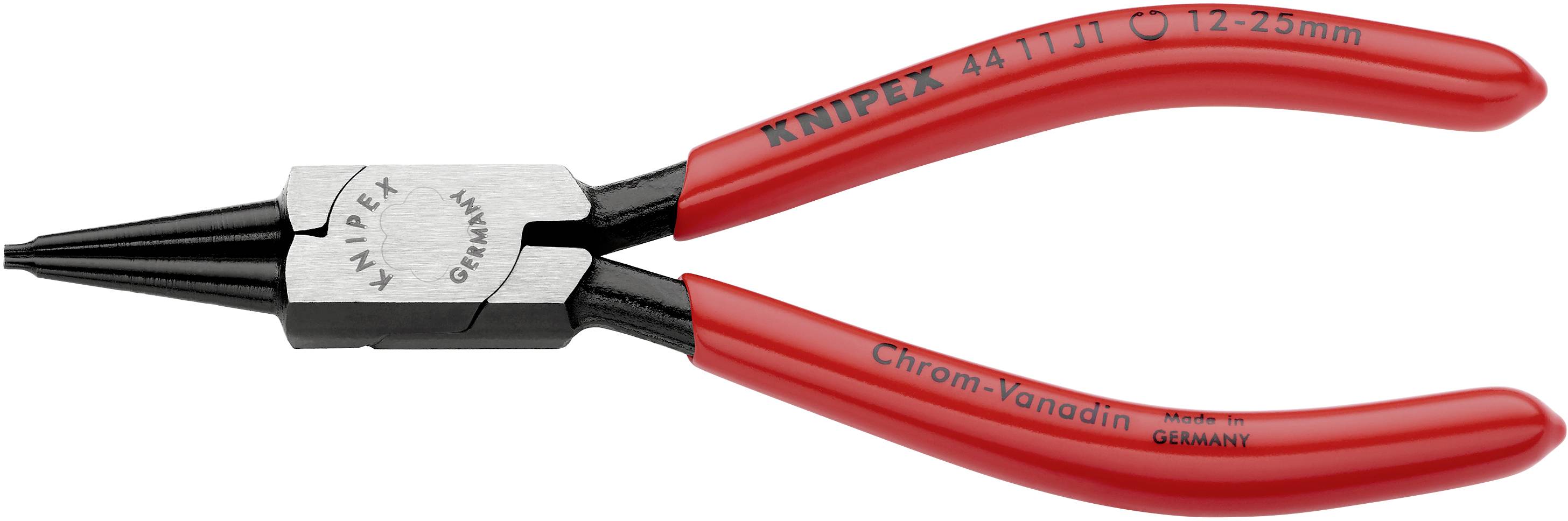 Zange mit rotem Griff und Metallspitzen. Aufschrift: 'Knipex Germany', 'Chrom-Vanadin'. Geeignet für präzises Arbeiten.