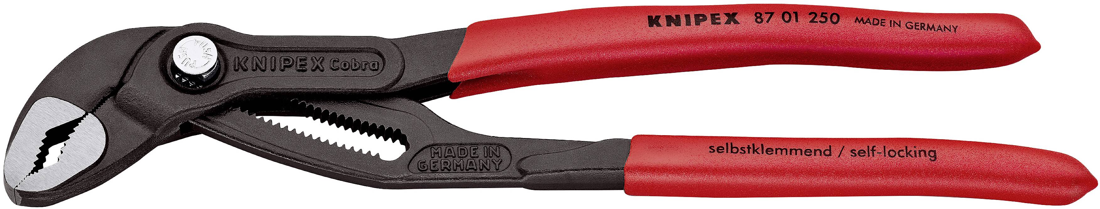 Rote KNIPEX-Wasserpumpenzange mit geriffeltem Griff, selbstsperrend, seitlich liegend. Aufschrift: 'Made in Germany'.