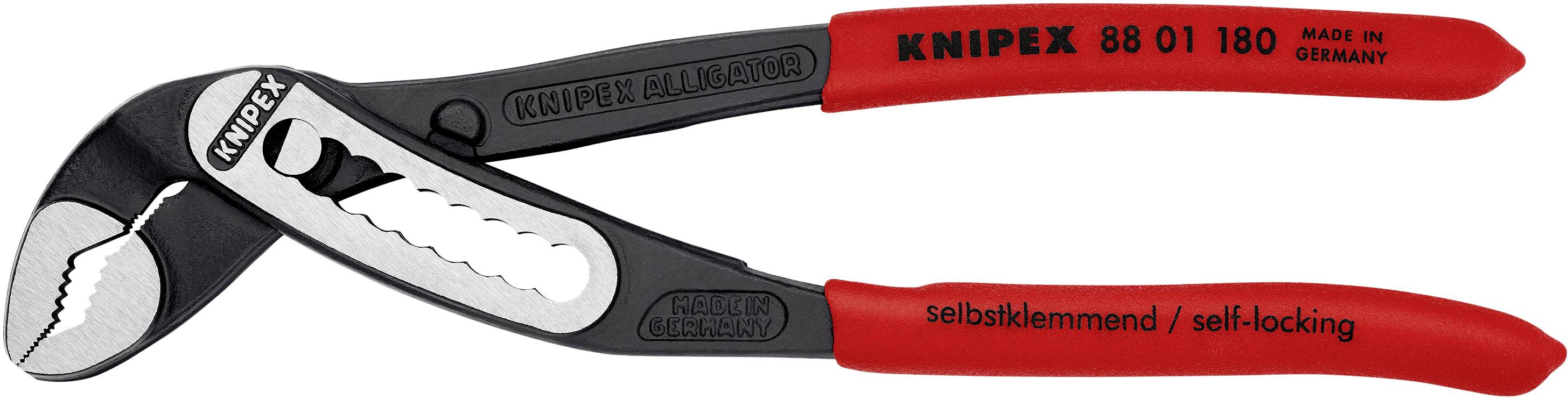 Eine rote, verstellbare Wasserpumpenzange von Knipex, Modell 88 01 180, mit selbstklemmender Funktion, hergestellt in Deutschland.