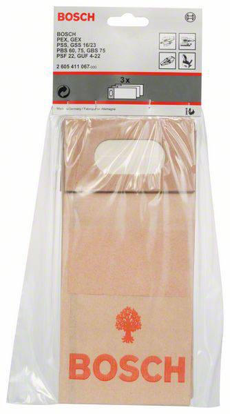 'Bosch Filterbeutel, geeignet für Modelle PEX, GEX, PBS und PSF. Verpackung zeigt Produktabbildung und Kompatibilitätsinformationen.'