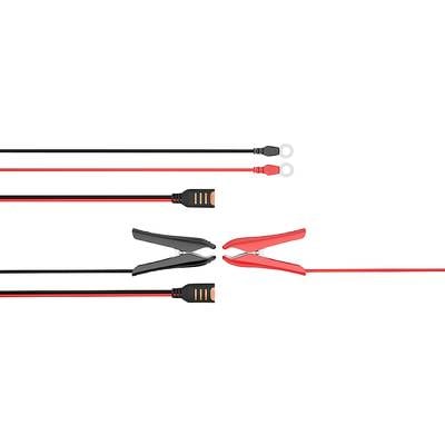 Rote und schwarze Kabel mit Klemmen, geeignet zum Anschließen von Batterien oder anderen elektrischen Geräten.