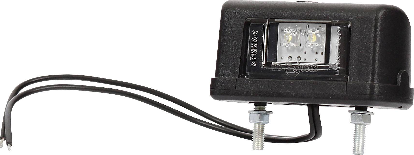 Ein rechteckiges LED-Licht mit schwarzem Gehäuse, zwei Schrauben zur Befestigung und zwei schwarzen Kabeln zur Stromversorgung.