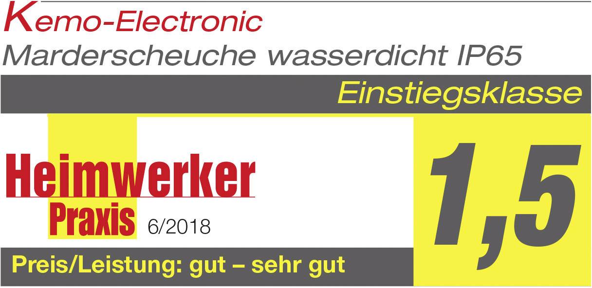 'Kemo-Electronic Marderscheuche wasserdicht IP65, Einstiegsklasse. Heimwerker Praxis 6/2018. Preis/Leistung: gut – sehr gut, Bewertung: 1,5.'