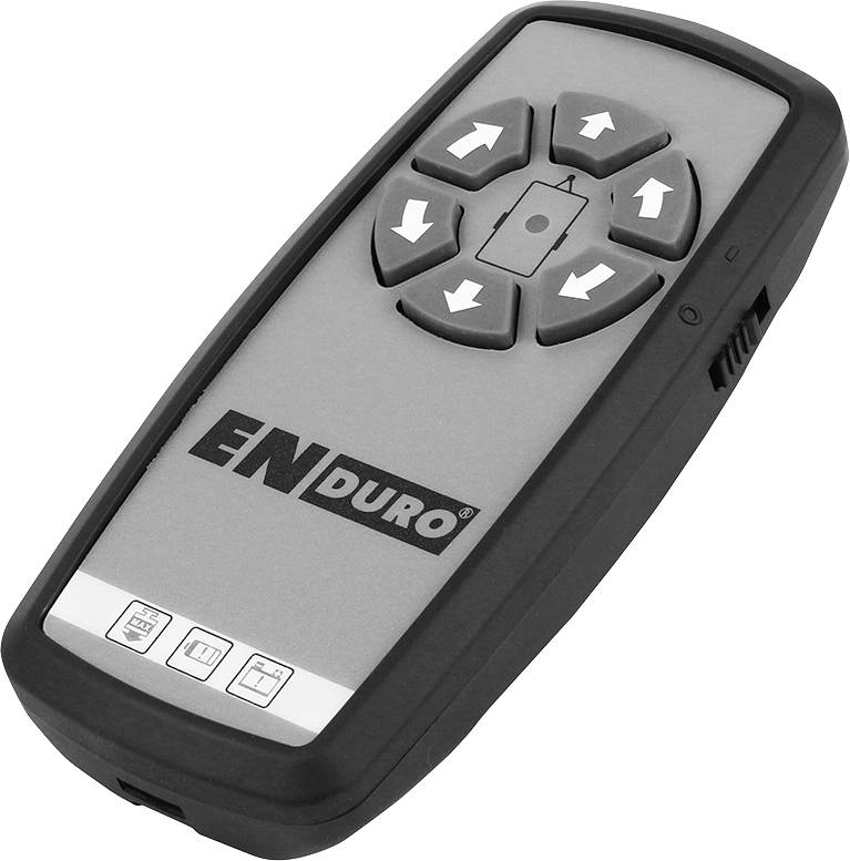 Eine schwarze Fernbedienung mit Richtungstasten und der Aufschrift 'ENDURO'. Sie hat sechs Pfeiltasten für Steuerungsbefehle.