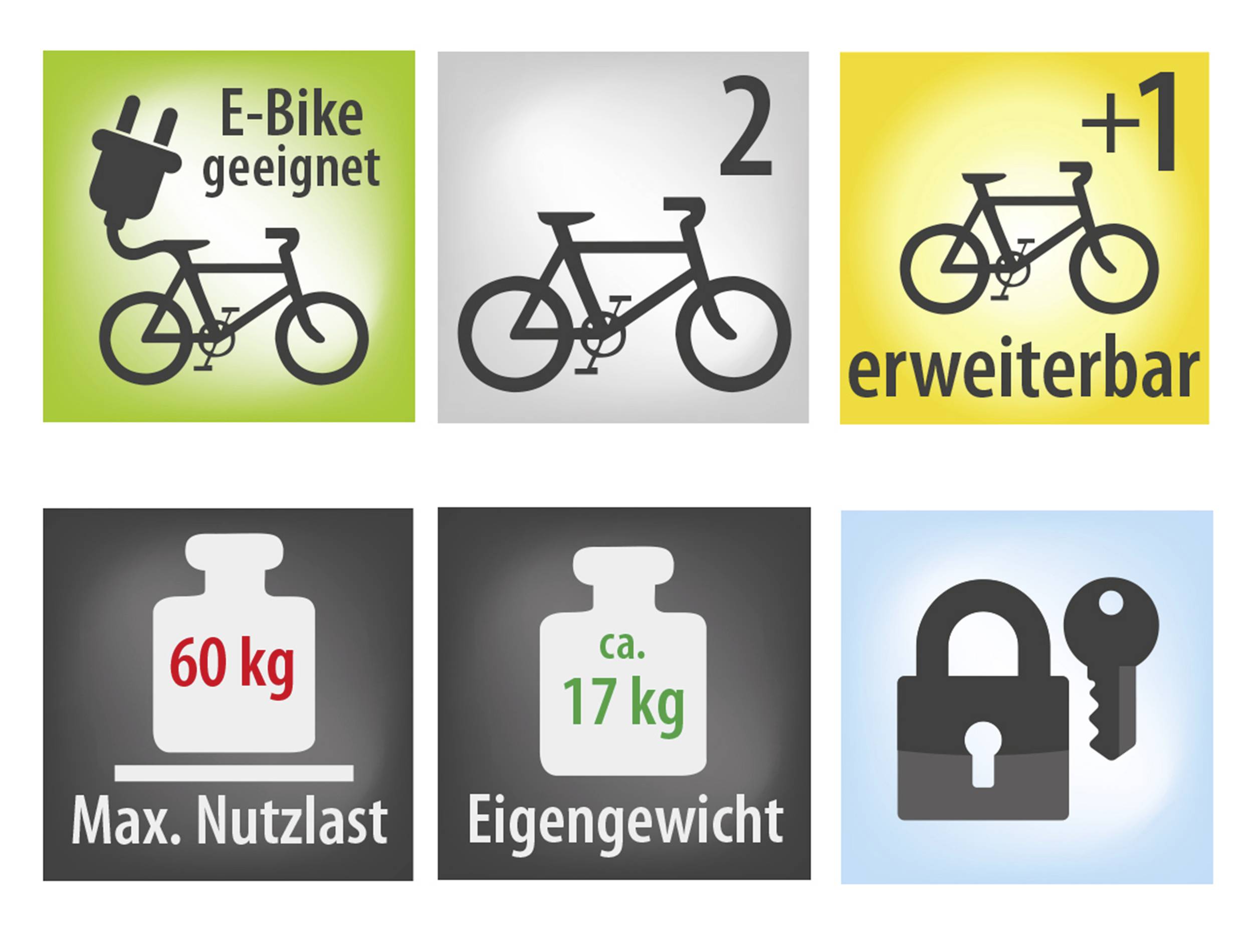 'Icons zeigen: E-Bike geeignet, 2 Fahrräder, erweiterbar um 1 Fahrrad, maximale Nutzlast 60 kg, Eigengewicht ca. 17 kg, Schloss mit Schlüssel.'