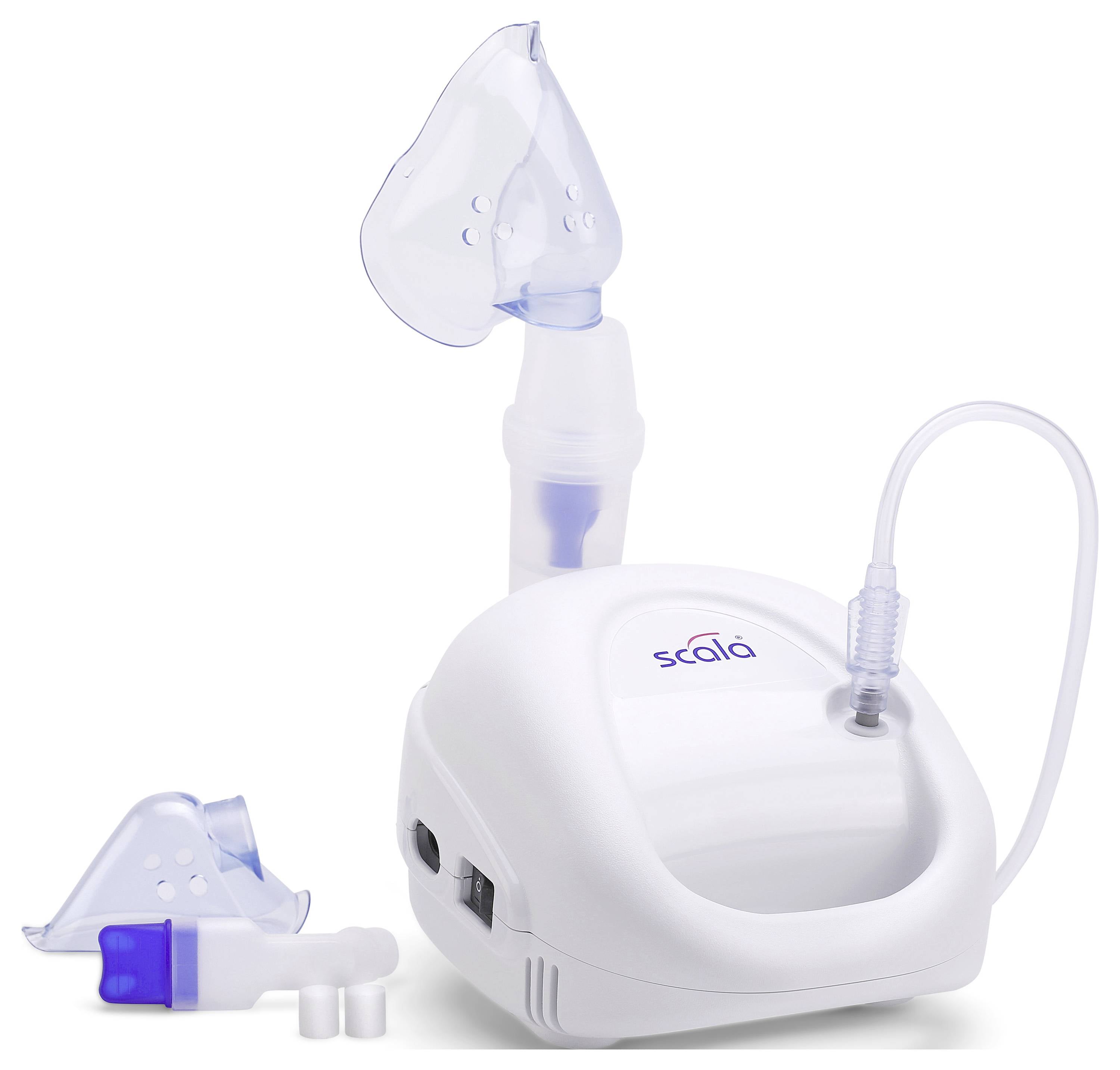 Eine weiße Vernebelungsmaschine mit Maske und Mundstückaufsatz. Der Markenname „Scala" ist auf der oberen Oberfläche der Maschine sichtbar.