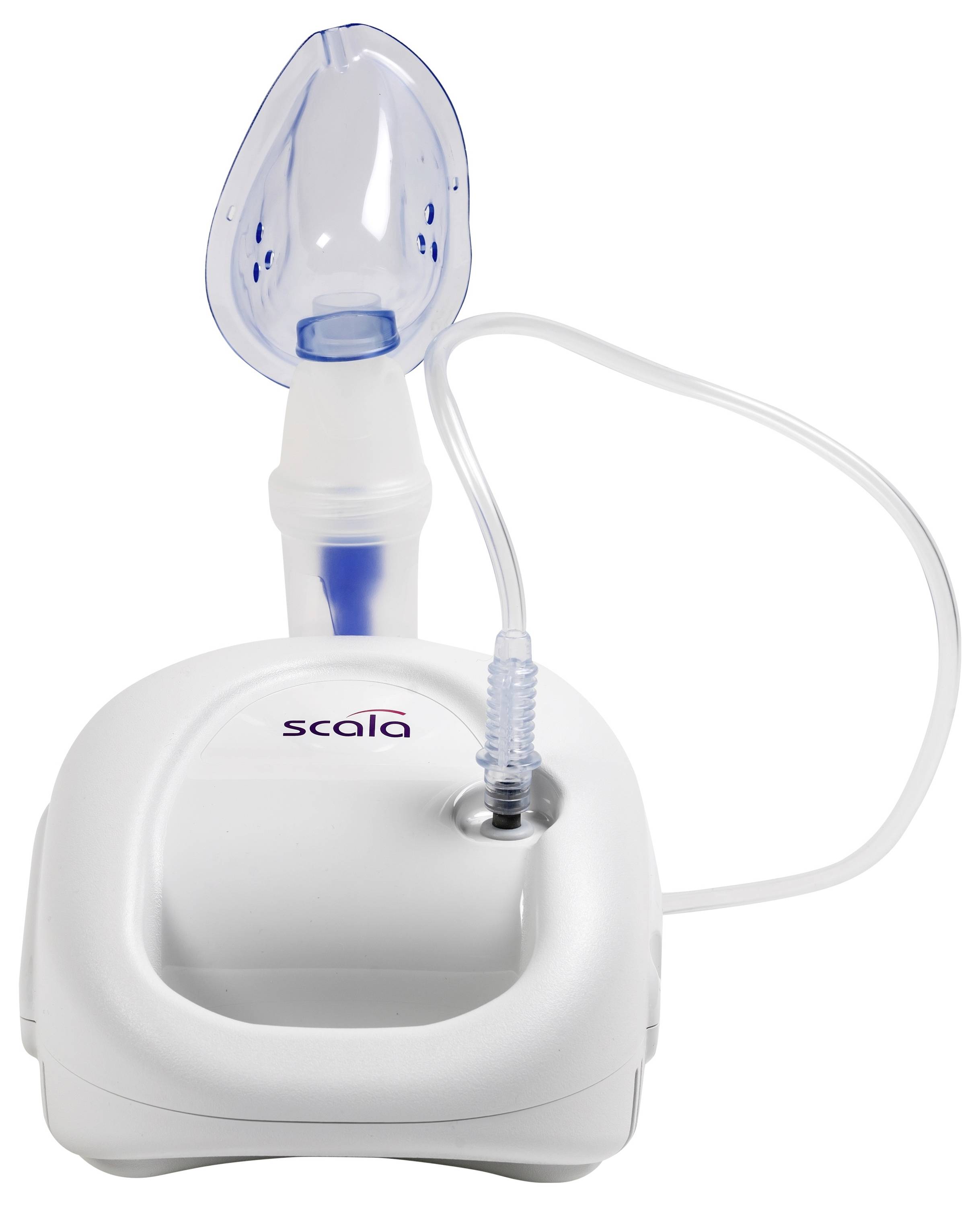 Vernebler mit blauer Maske und Schläuchen, wird zur Medikamentenabgabe an Patienten mit Atemwegserkrankungen verwendet.