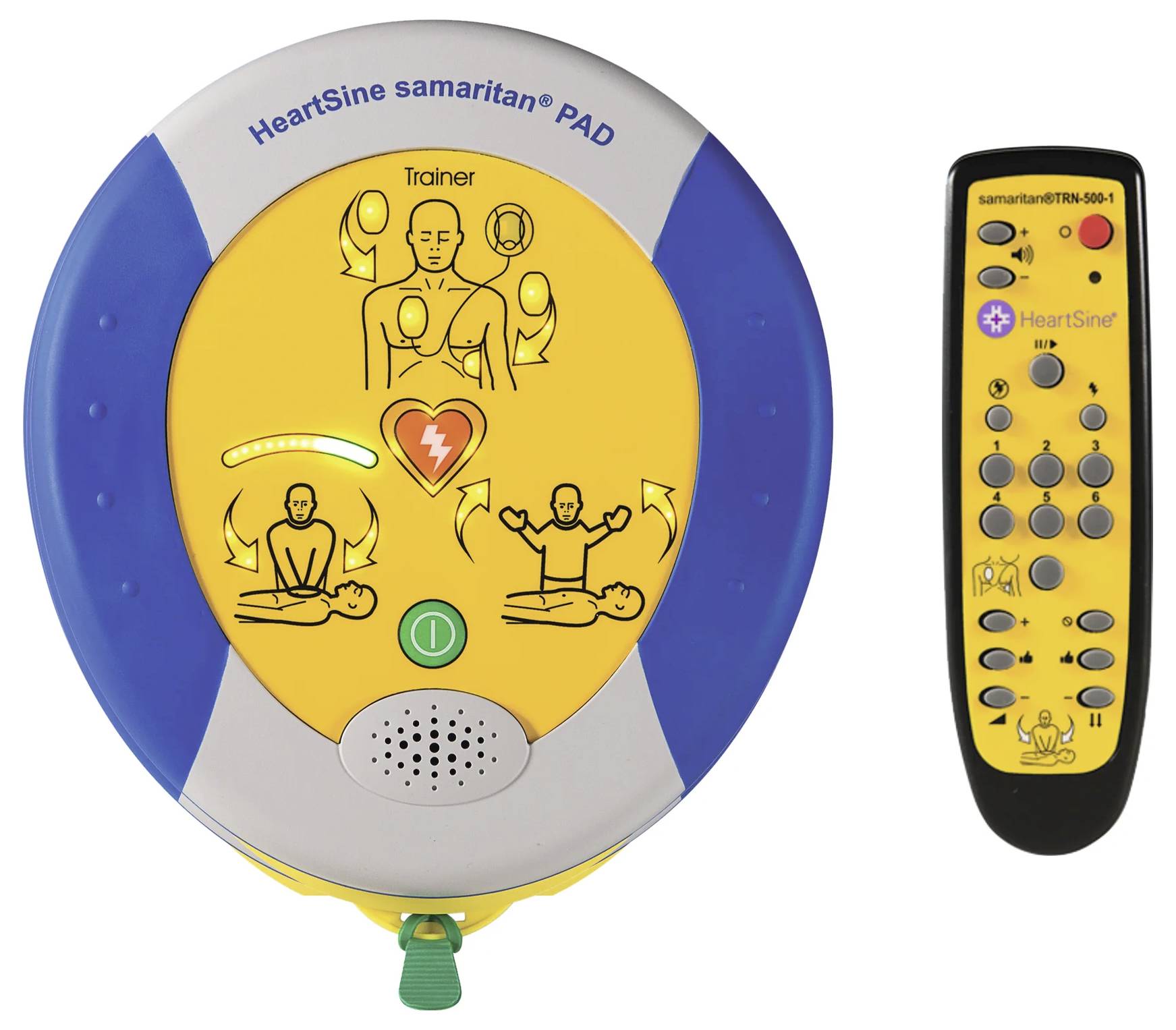 Ein Trainingsgerät für Defibrillatoren mit Anweisungen zur Wiederbelebung, einschließlich Bildanleitung und einem Fernsteuerungsgerät.